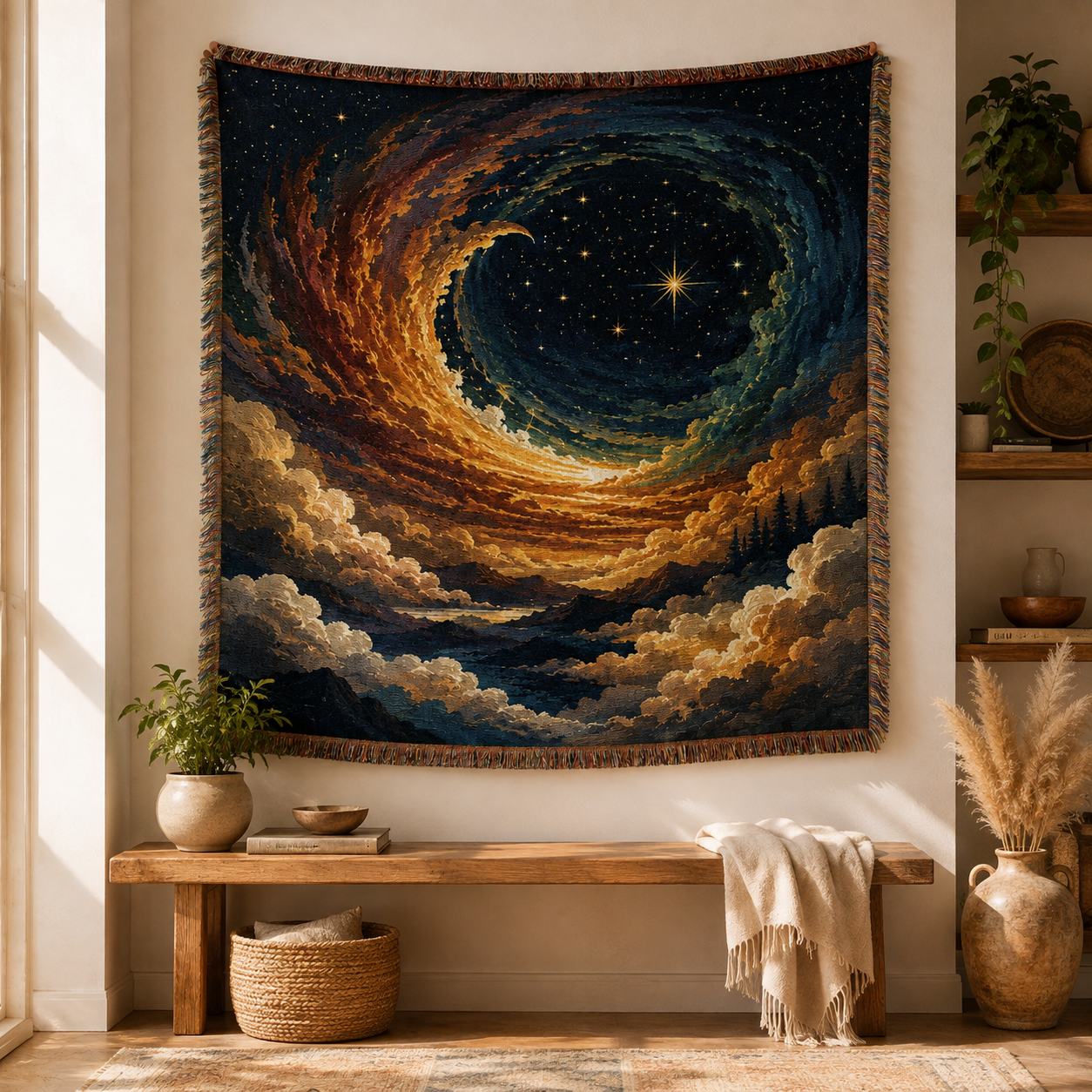 Celestial spiral sky woven blanket displayed as textile wall art above a wooden bench