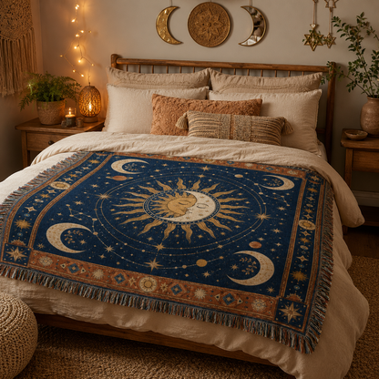 Celestial woven throw blanket styled across a warm bohemian bedroom