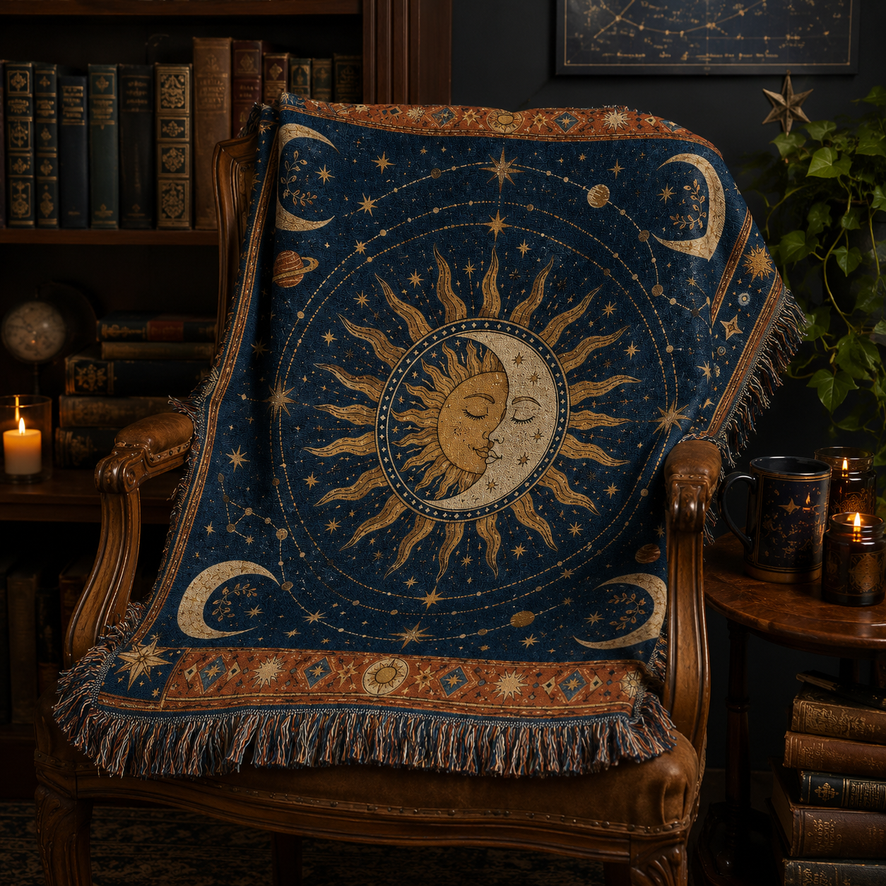 Celestial sun and moon woven blanket displayed on a vintage library chair