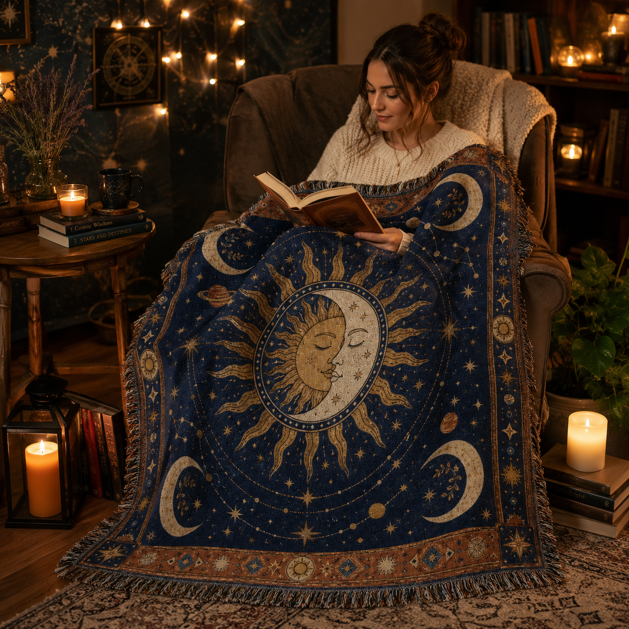 Woman reading while wrapped in a celestial sun and moon woven blanket