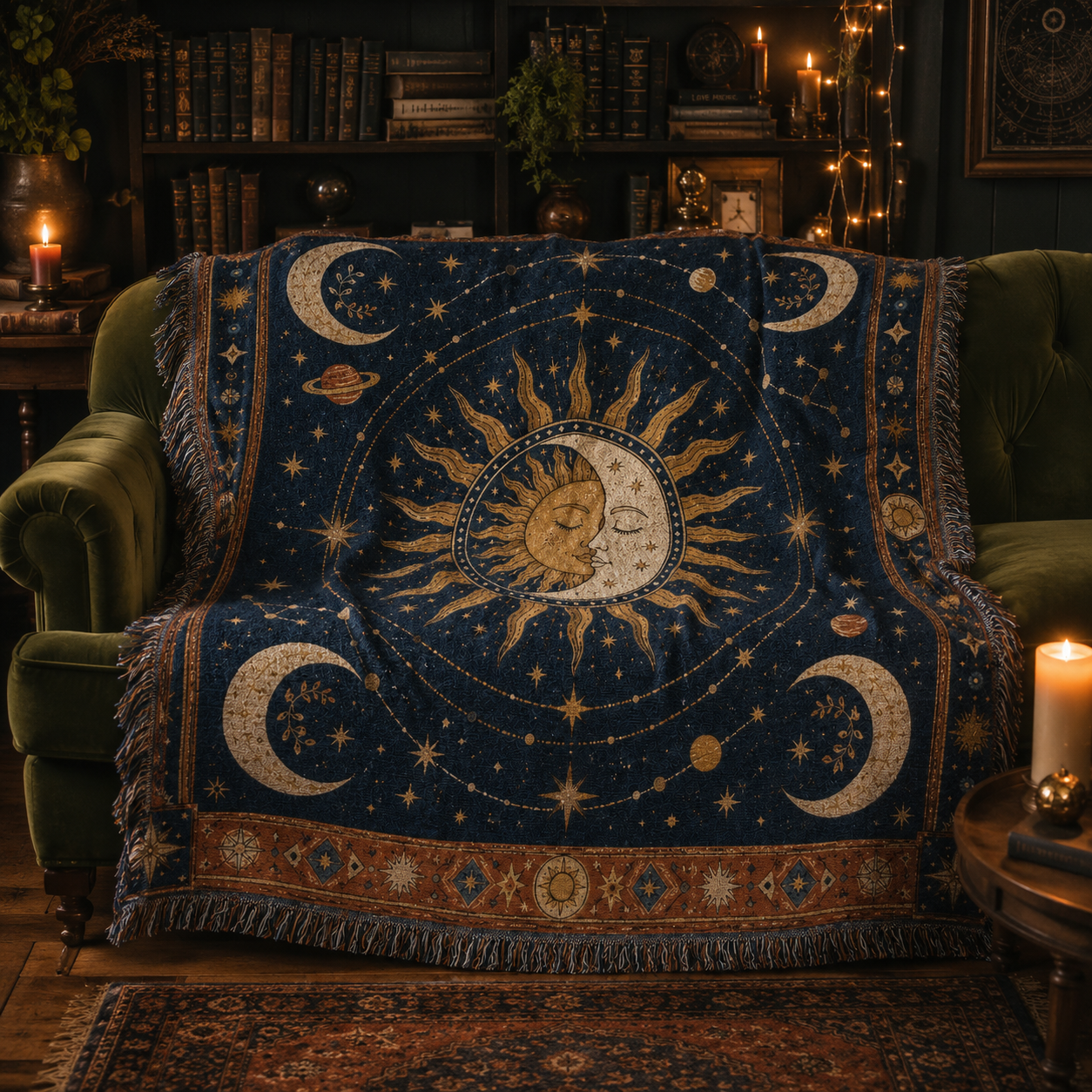 Celestial sun and moon woven blanket styled on an olive velvet sofa