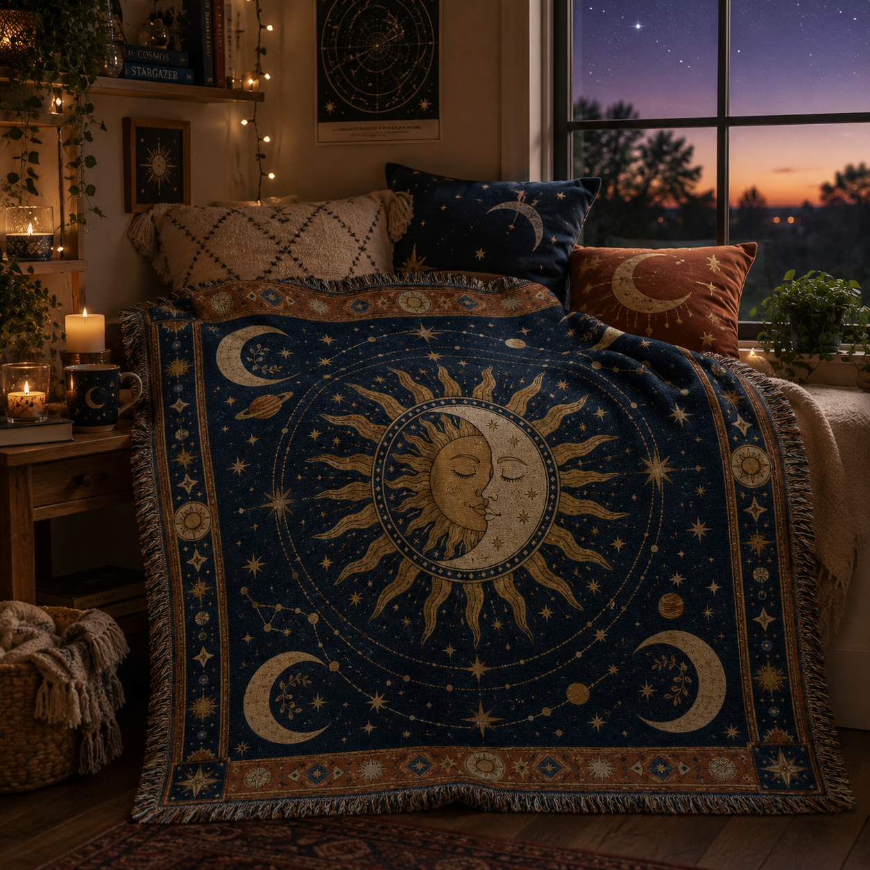 Celestial woven blanket in a cozy stargazing window nook at dusk