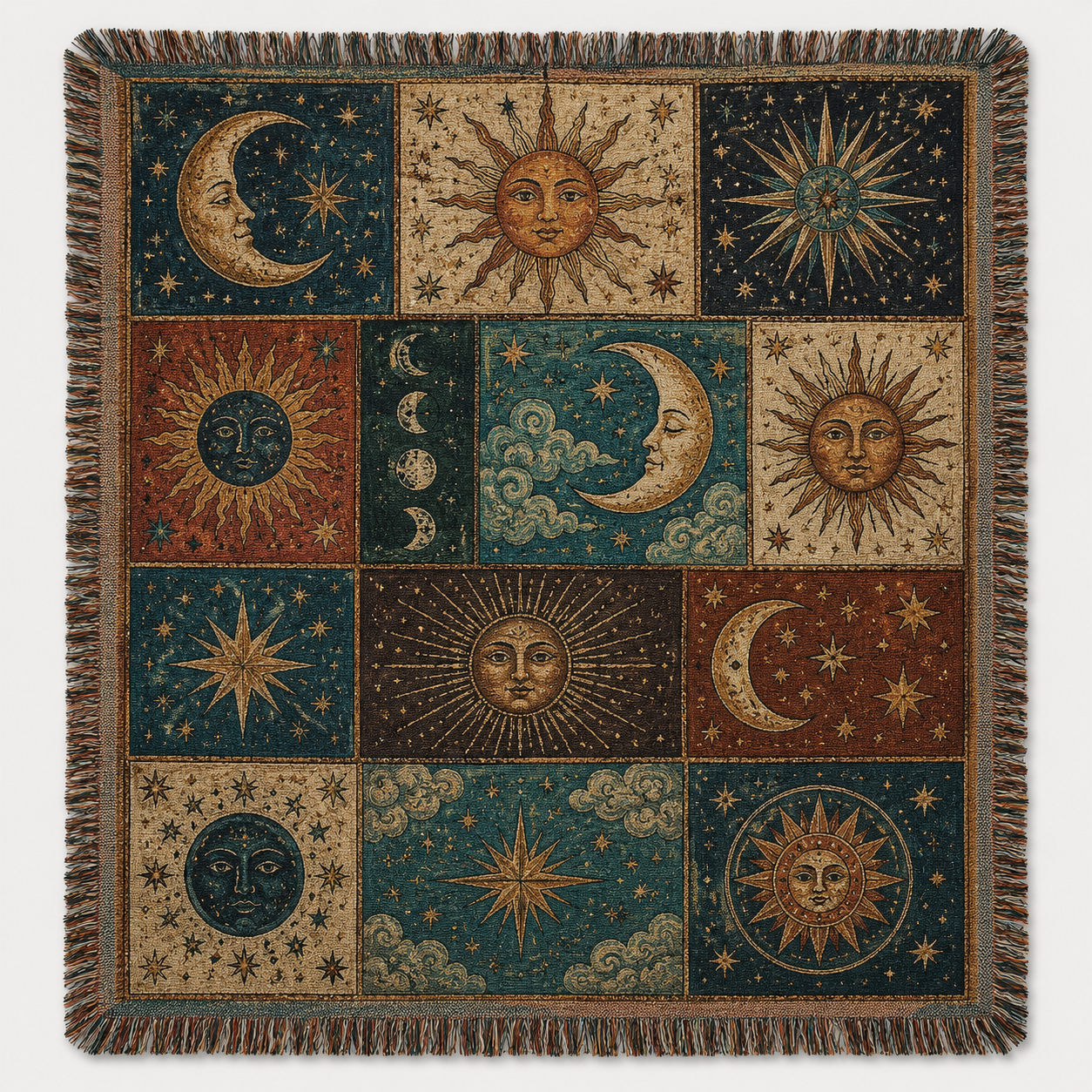 Celestial sun and moon patchwork woven blanket with vintage astrology motifs and fringe