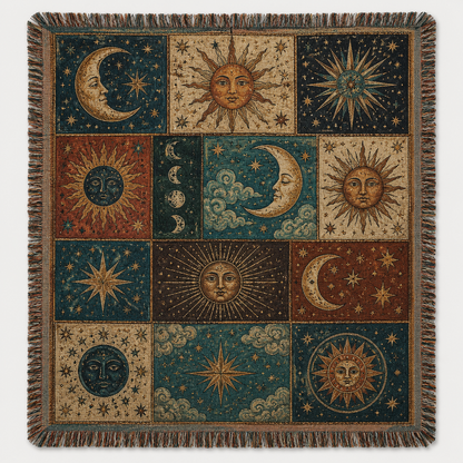 Celestial sun and moon patchwork woven blanket with vintage astrology motifs and fringe