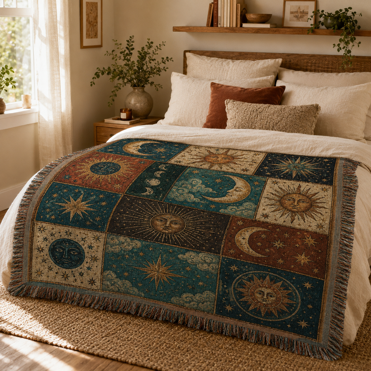 Vintage celestial patchwork woven blanket displayed across a cozy neutral bedroom