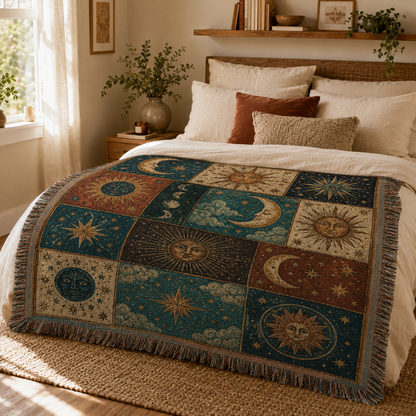 Vintage celestial patchwork woven blanket displayed across a cozy neutral bedroom