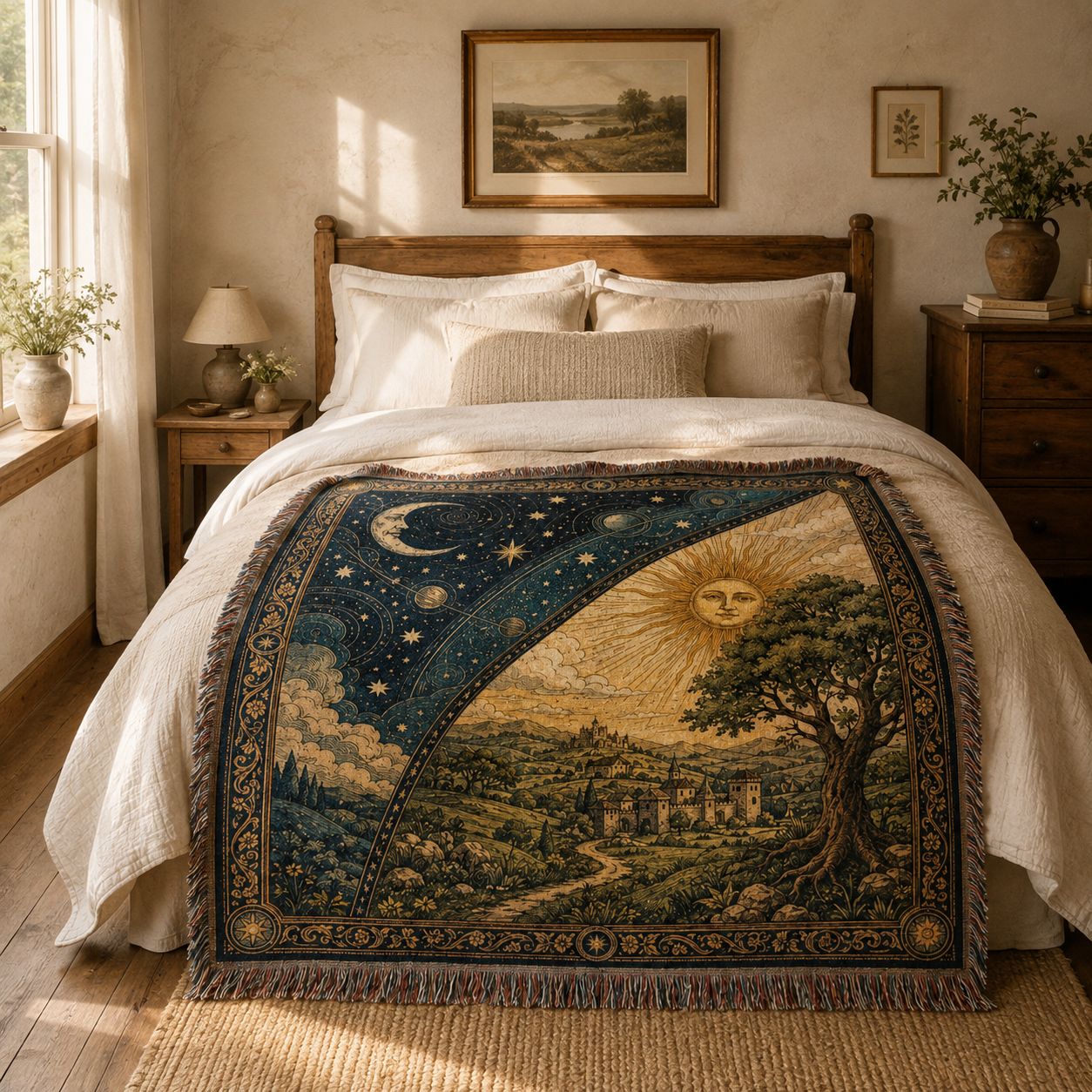 Vintage celestial woven blanket displayed across a sunlit rustic bedroom