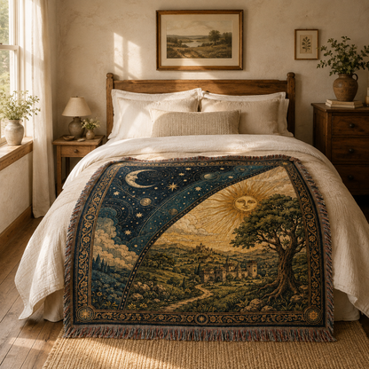 Vintage celestial woven blanket displayed across a sunlit rustic bedroom