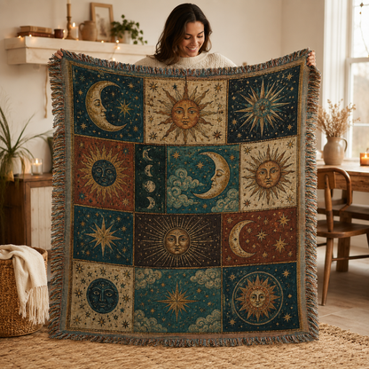 Woman holding a celestial sun and moon patchwork woven blanket in a cozy home