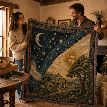 Couple holding a celestial sun and moon woven blanket as a gift