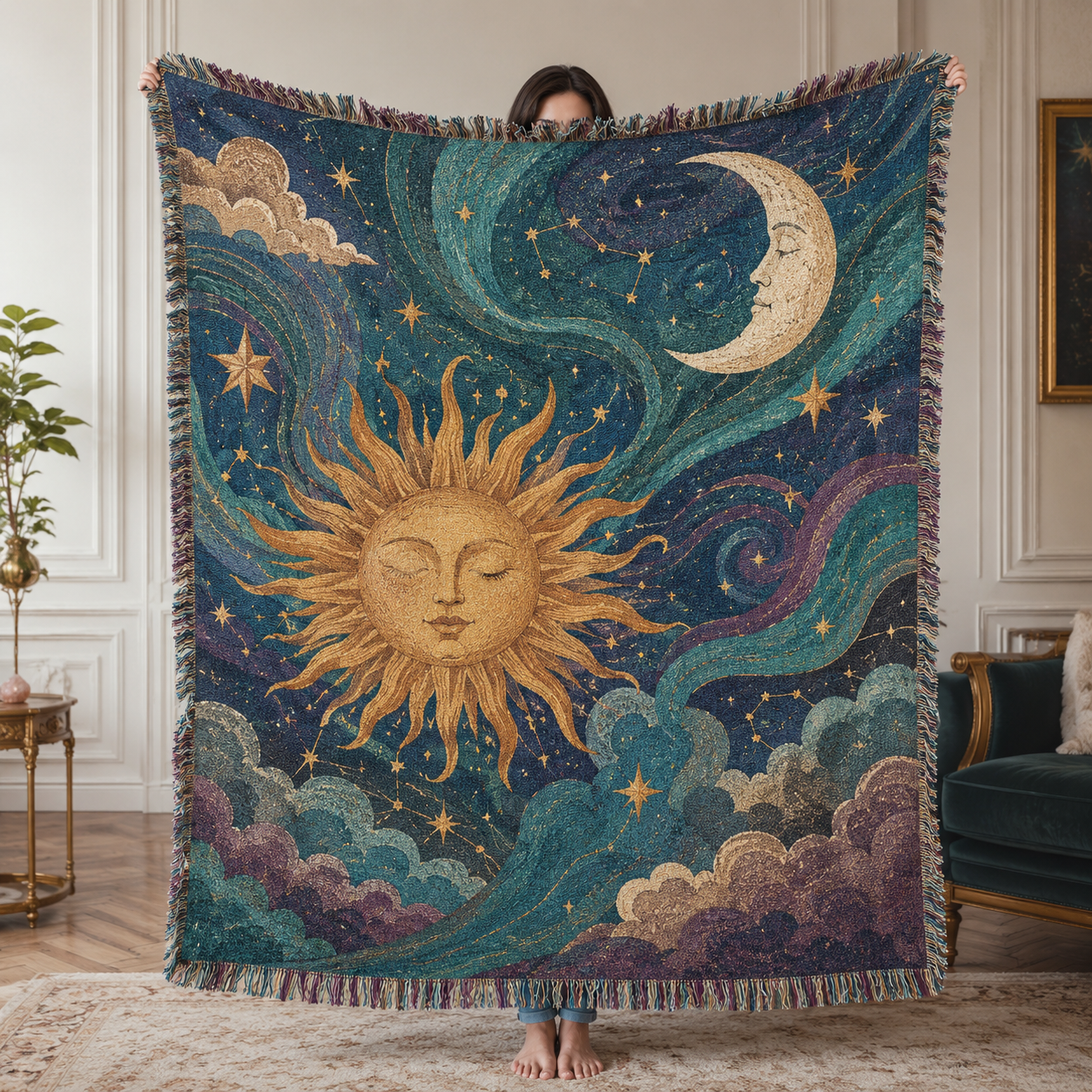 Celestial sun and moon woven blanket with stars, clouds and multicolor fringe