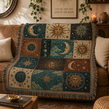 Celestial sun and moon patchwork woven blanket styled on a warm boho living room sofa