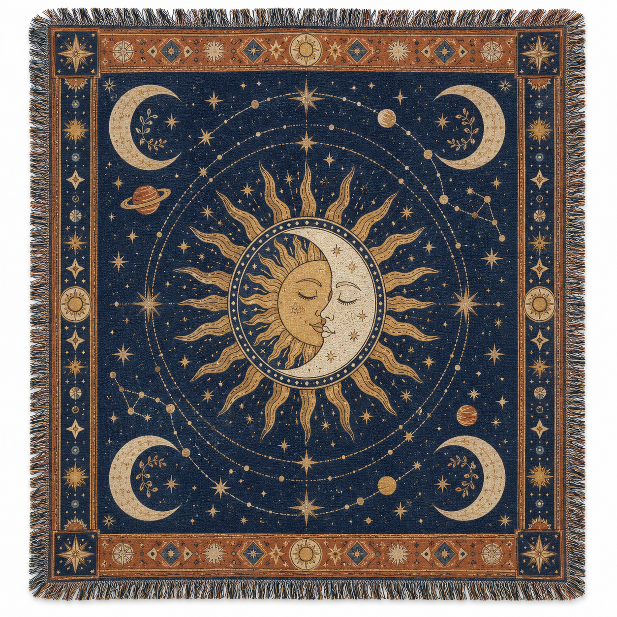 Celestial sun and moon woven blanket with indigo, gold and terracotta design