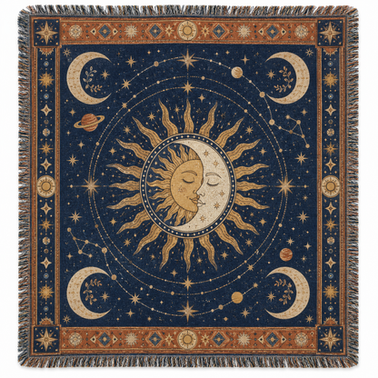 Celestial sun and moon woven blanket with indigo, gold and terracotta design