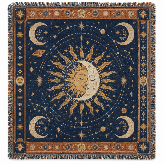 Celestial sun and moon woven blanket with indigo, gold and terracotta design