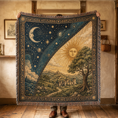 Vintage celestial sun and moon woven blanket with medieval countryside landscape