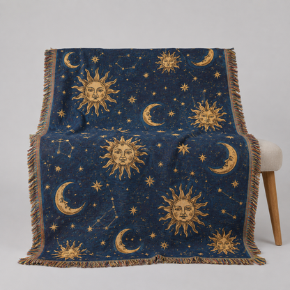 Vintage celestial sun and moon woven blanket with gold stars on deep navy blue