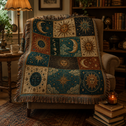 Celestial sun moon woven blanket draped over an armchair in a vintage reading nook