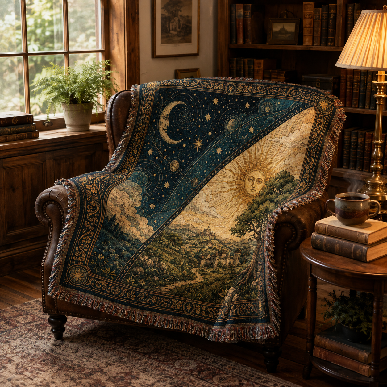 Sun moon and stars woven blanket in a warm vintage reading nook