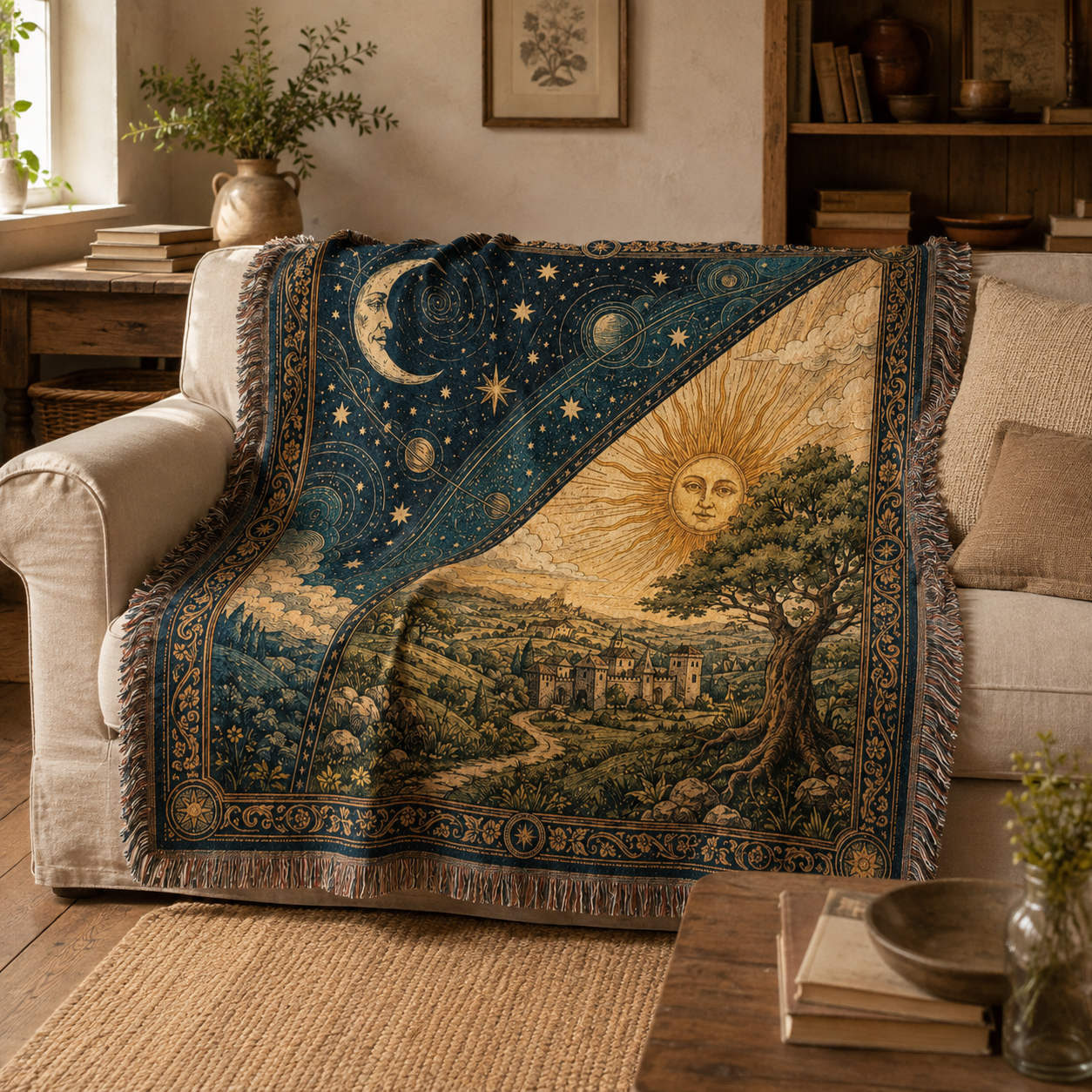 Celestial sun and moon woven blanket styled on a warm neutral sofa