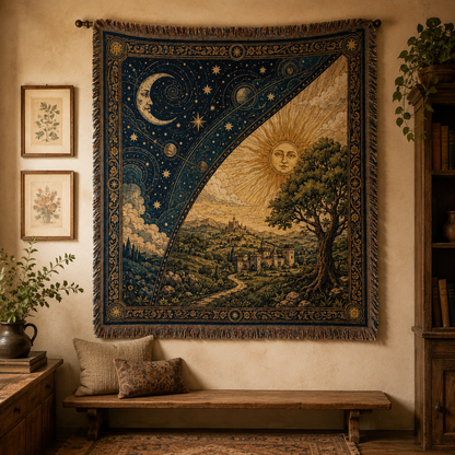 Celestial landscape woven tapestry displayed as rustic wall decor