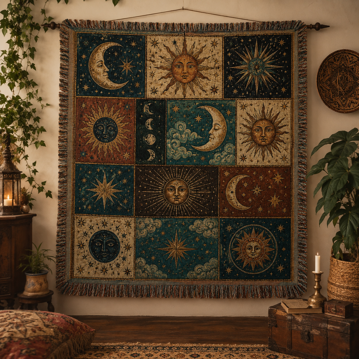 Celestial sun and moon patchwork woven tapestry displayed as boho wall decor