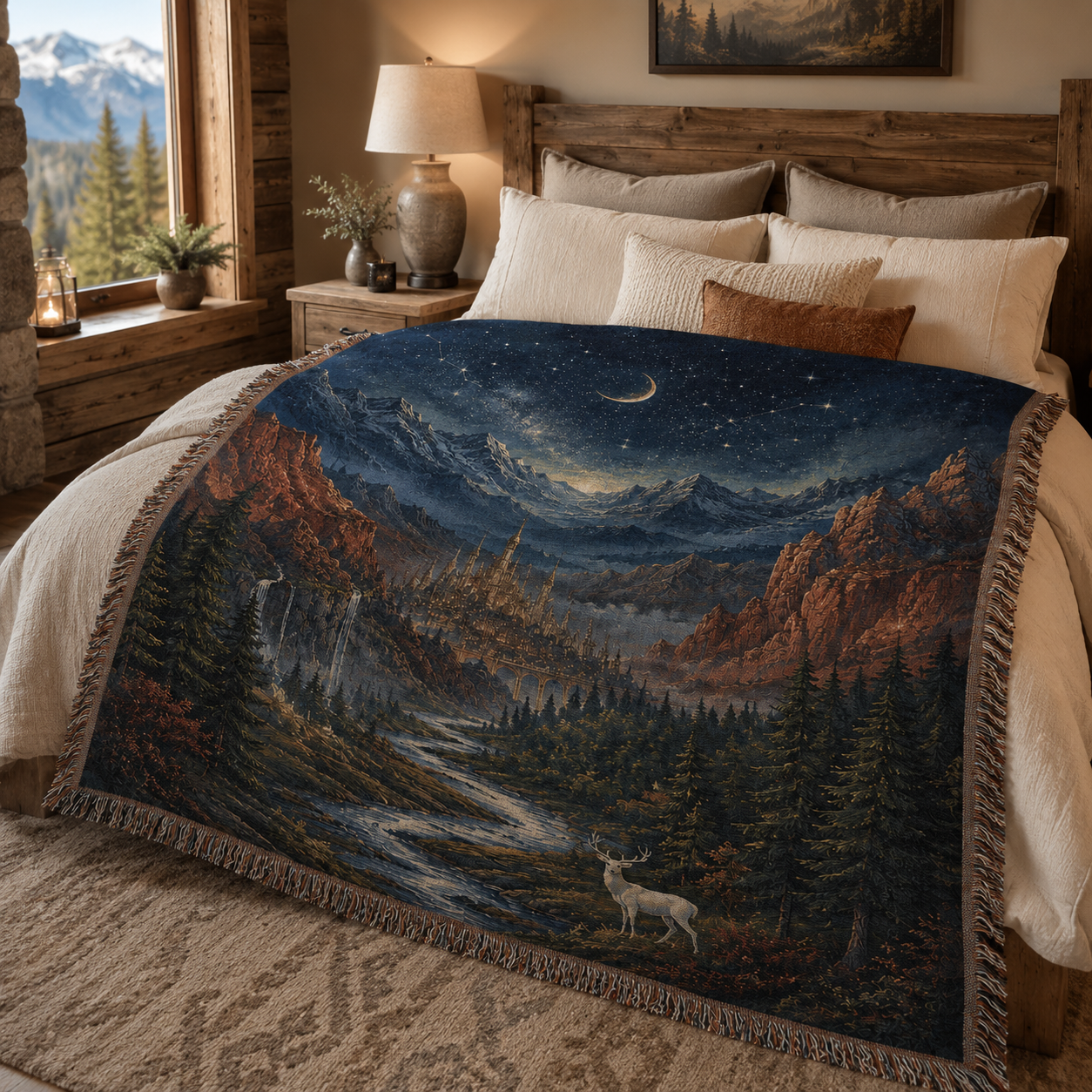 Celestial valley fantasy woven blanket styled across a cozy rustic mountain cabin bed