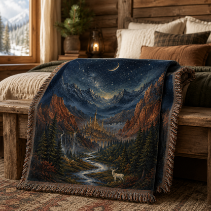 Folded celestial valley woven blanket showing starry fantasy landscape, white stag and fringe detail
