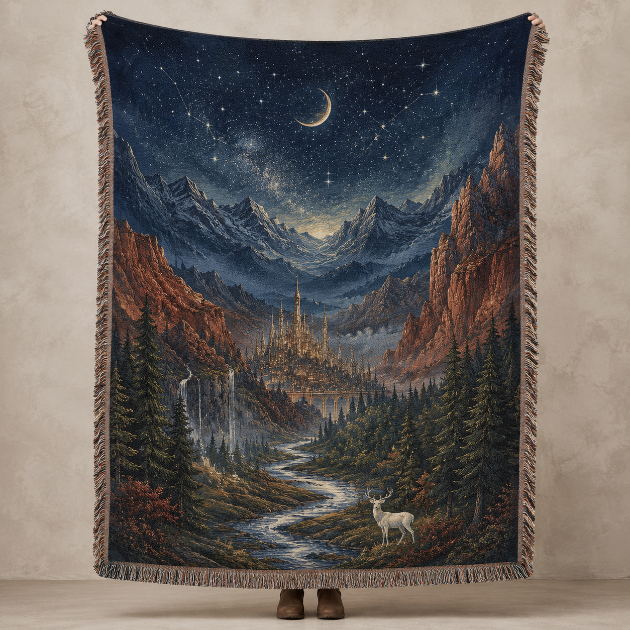 Celestial valley fantasy woven blanket with crescent moon, starry mountains, glowing citadel, river and white stag