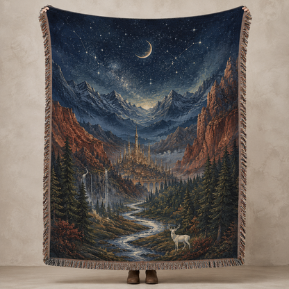 Celestial valley fantasy woven blanket with crescent moon, starry mountains, glowing citadel, river and white stag