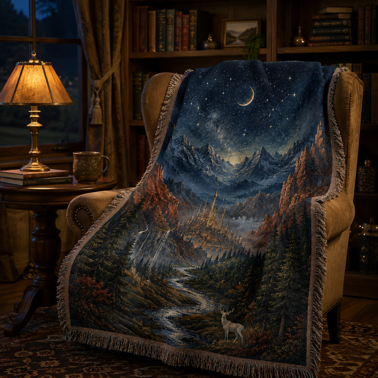 Celestial valley fantasy woven blanket draped over a reading chair in a warm library nook
