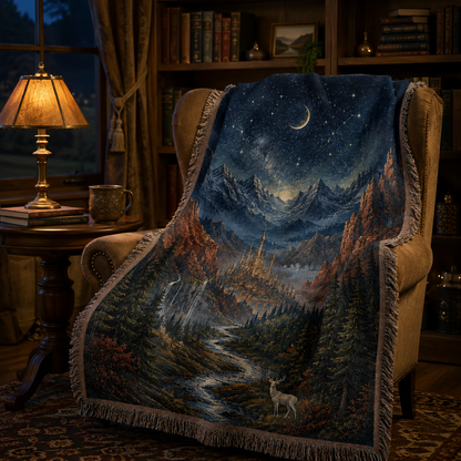 Celestial valley fantasy woven blanket draped over a reading chair in a warm library nook