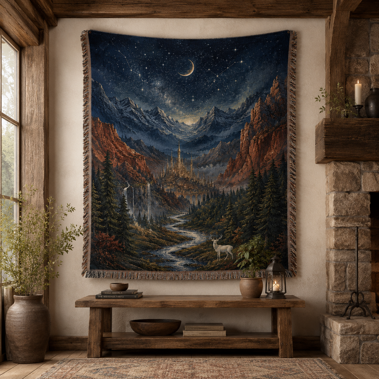 Celestial valley fantasy woven blanket displayed as a wall tapestry above a rustic wooden bench