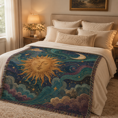 Celestial sun and moon woven blanket across a neutral bedroom