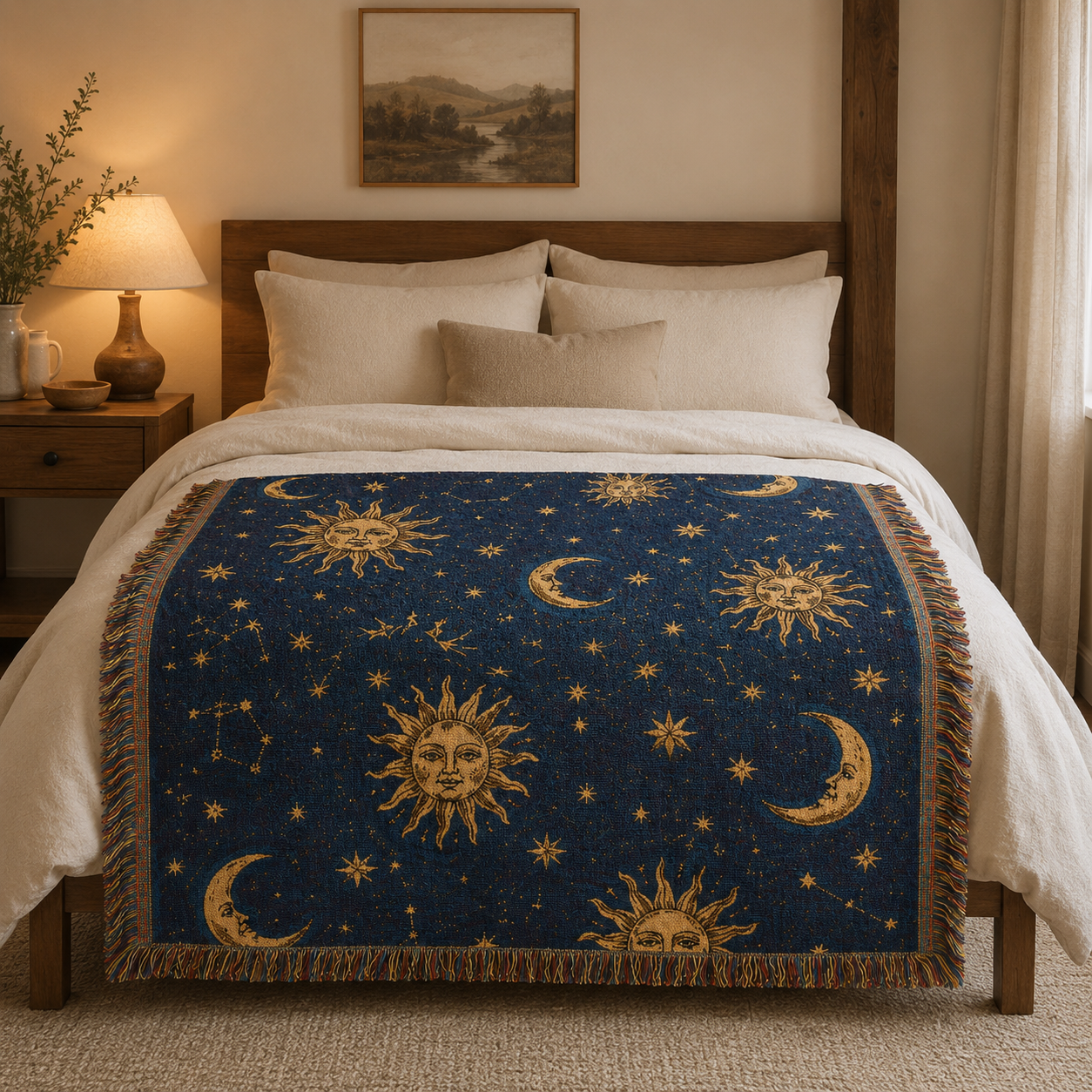 Navy and gold celestial woven blanket displayed across a cozy bedroom bed