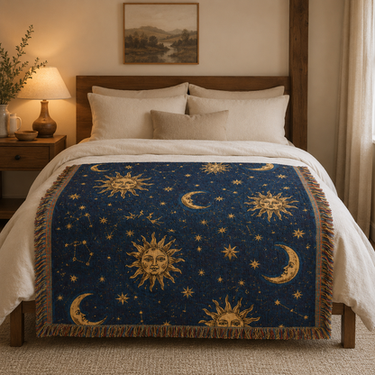 Navy and gold celestial woven blanket displayed across a cozy bedroom bed