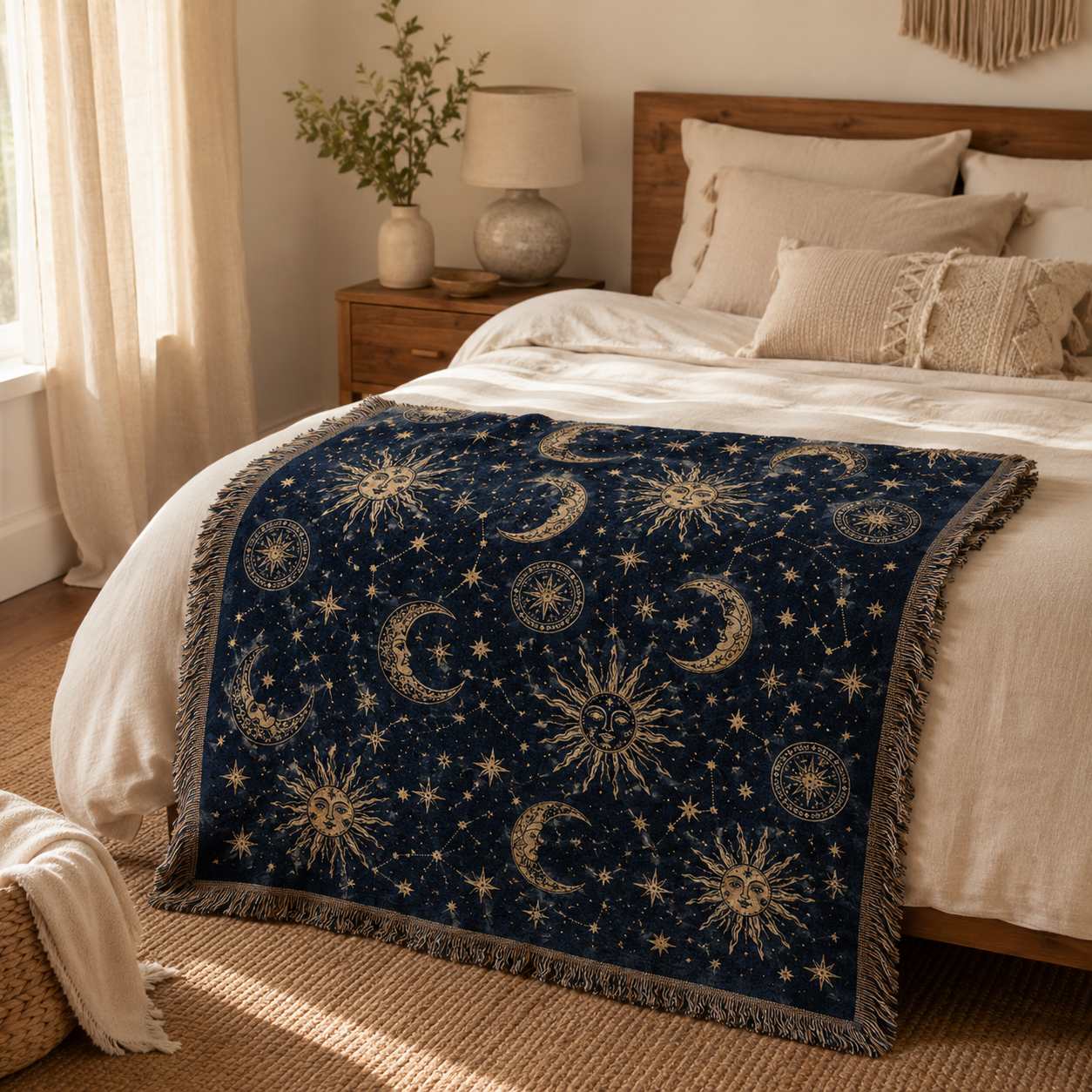Navy celestial woven blanket with suns moons stars and constellations styled on a boho bed
