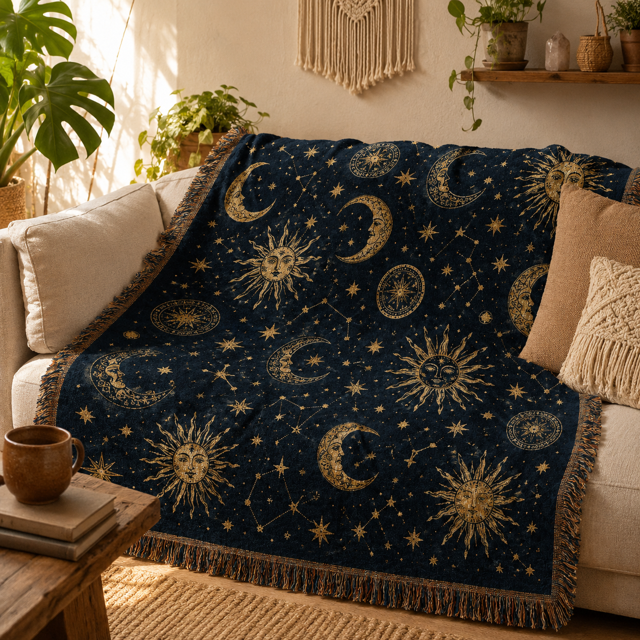 Celestial sun moon woven blanket styled on a warm boho living room sofa