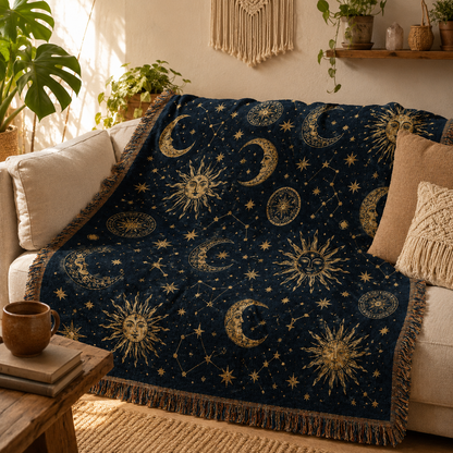 Celestial sun moon woven blanket styled on a warm boho living room sofa