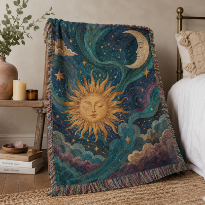Celestial sun and moon woven blanket styled beside a bed with candles and books