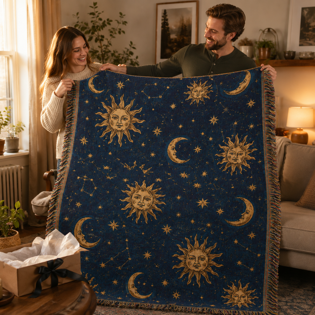 Couple holding a celestial sun and moon woven blanket as a gift