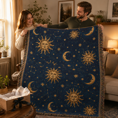Couple holding a celestial sun and moon woven blanket as a gift