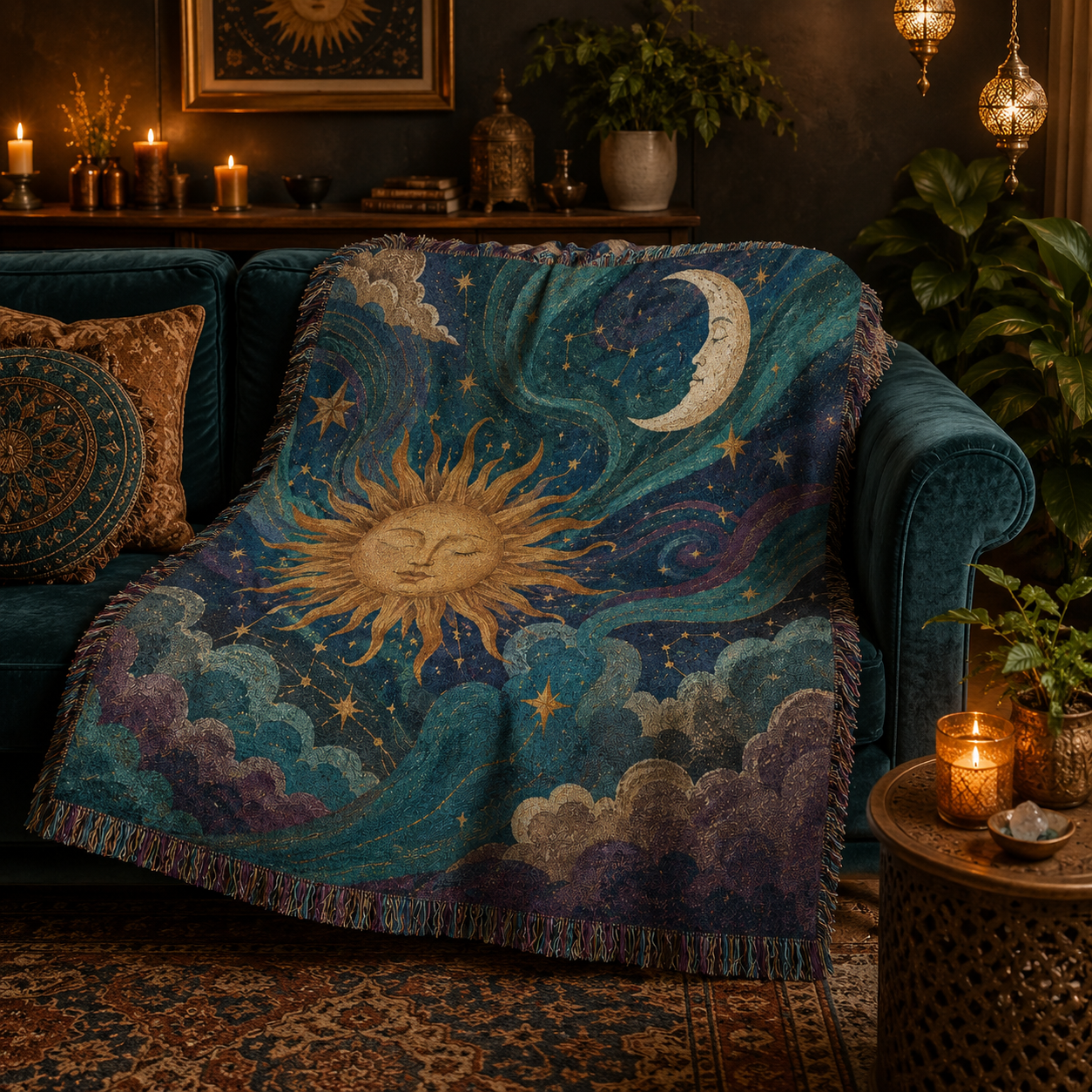 Celestial sun and moon woven blanket styled on a teal sofa