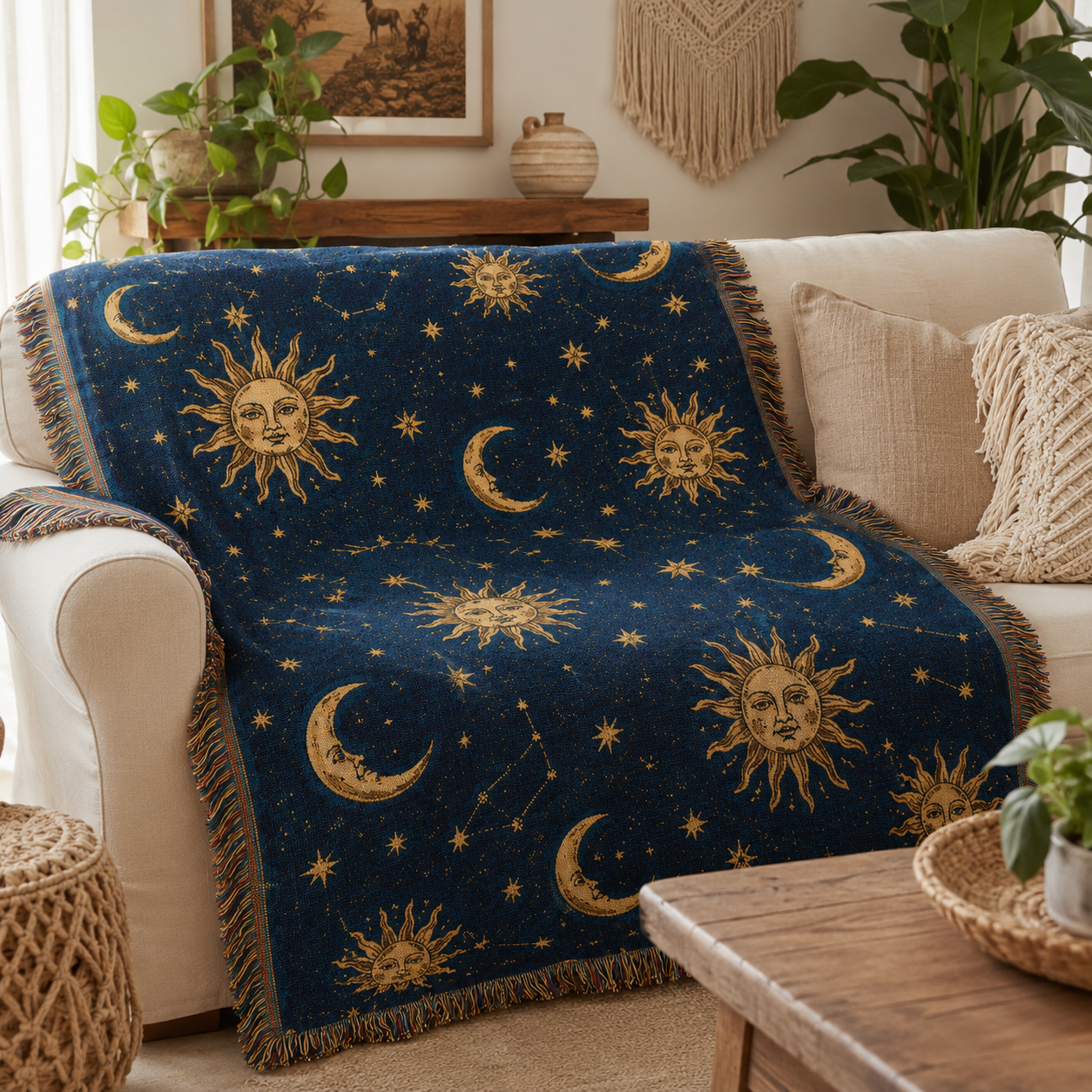 Celestial sun and moon woven blanket styled on a cozy cream sofa