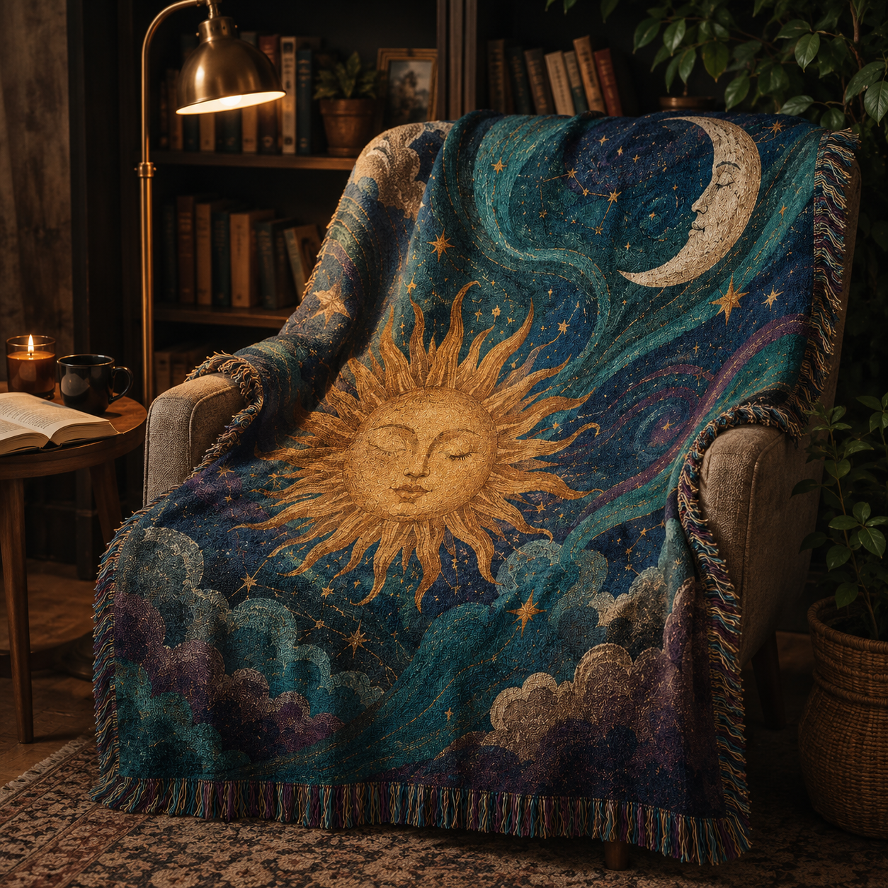 Celestial woven throw draped over an armchair in a cozy reading nook