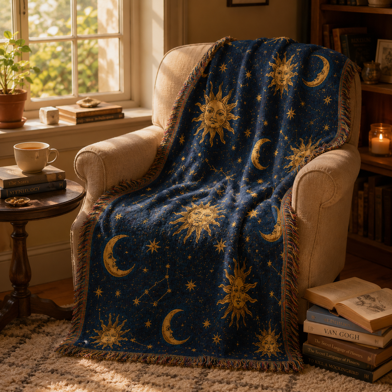 Sun moon and stars woven blanket draped over a reading chair in warm light