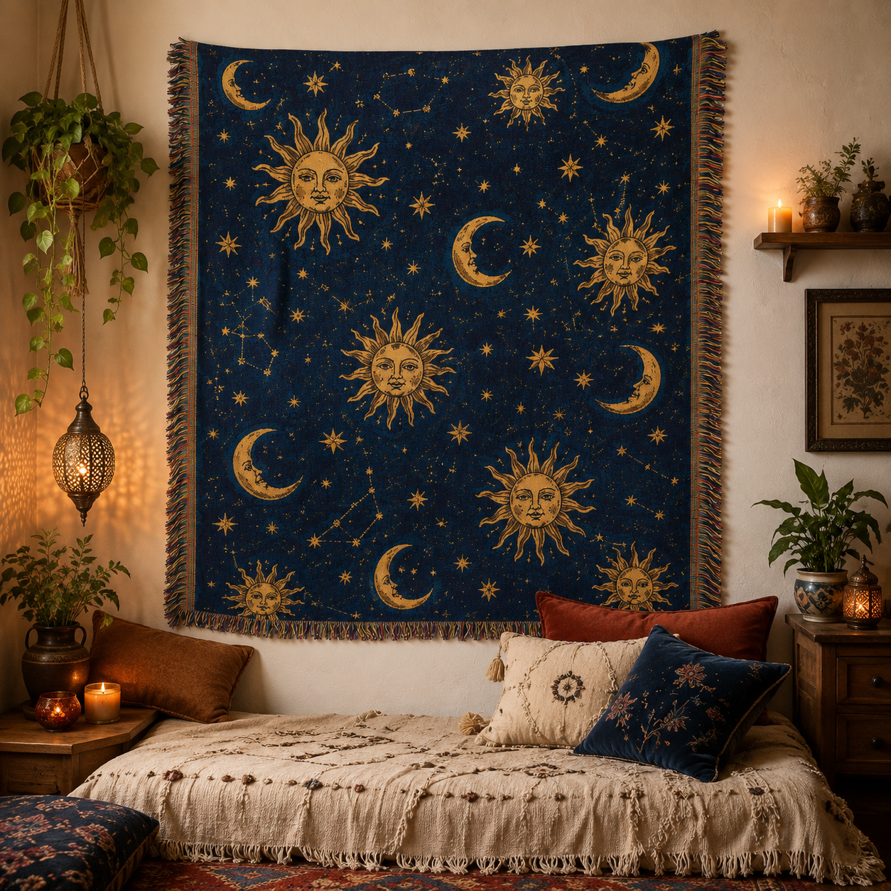 Celestial sun moon and stars woven blanket displayed as boho wall tapestry