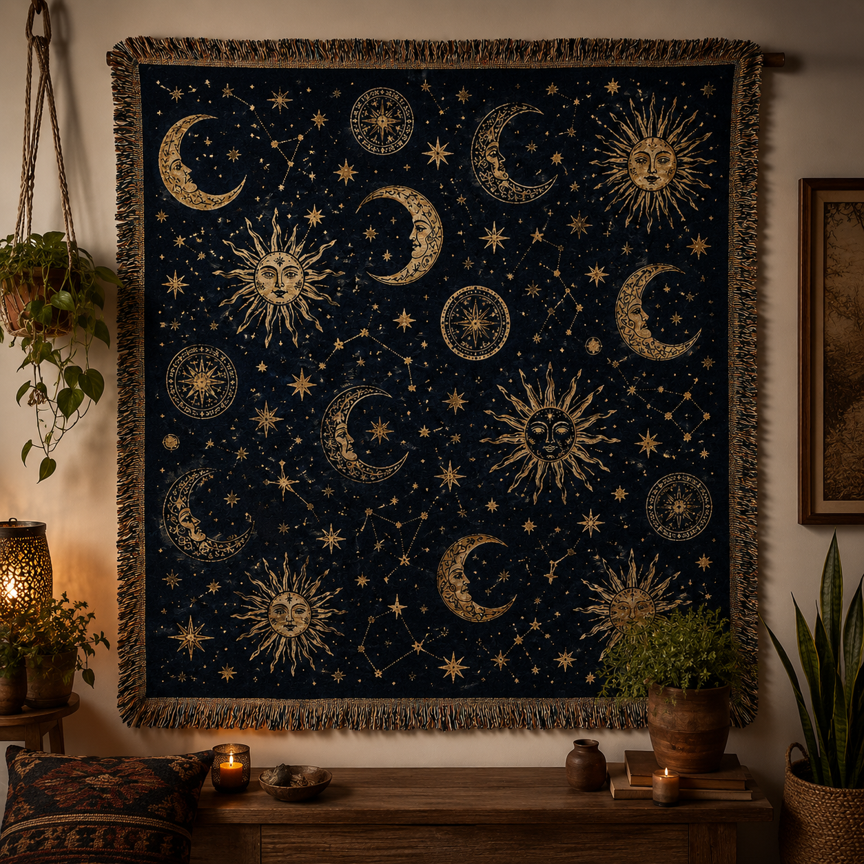 Celestial sun and moon woven blanket displayed as a wall tapestry in a candlelit boho room