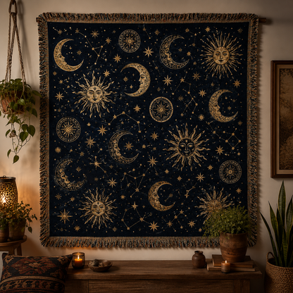 Celestial sun and moon woven blanket displayed as a wall tapestry in a candlelit boho room