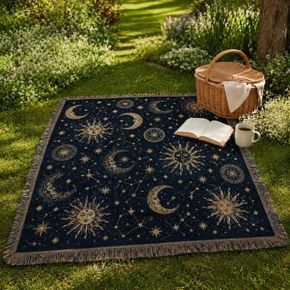 Celestial sun moon woven picnic blanket with book, mug and wicker basket in a garden